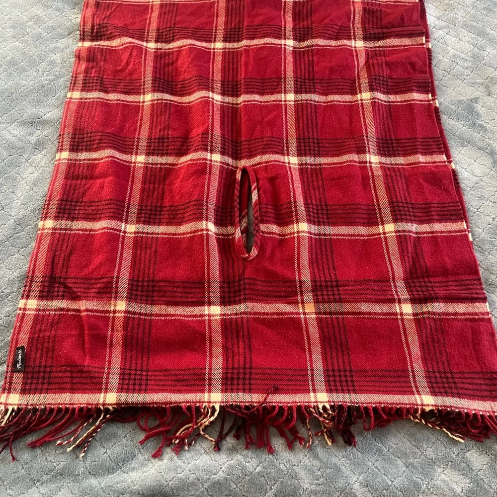 Madewell Red Plaid Scarf Cape Poncho with‎ Armholes Fringe Trim Oversized Wrap